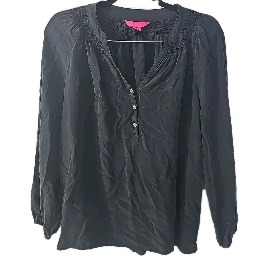 Lilly Pulitzer Elsa Onyx Long Sleeve Gold Buttons 100% Silk Blouse Size Medium